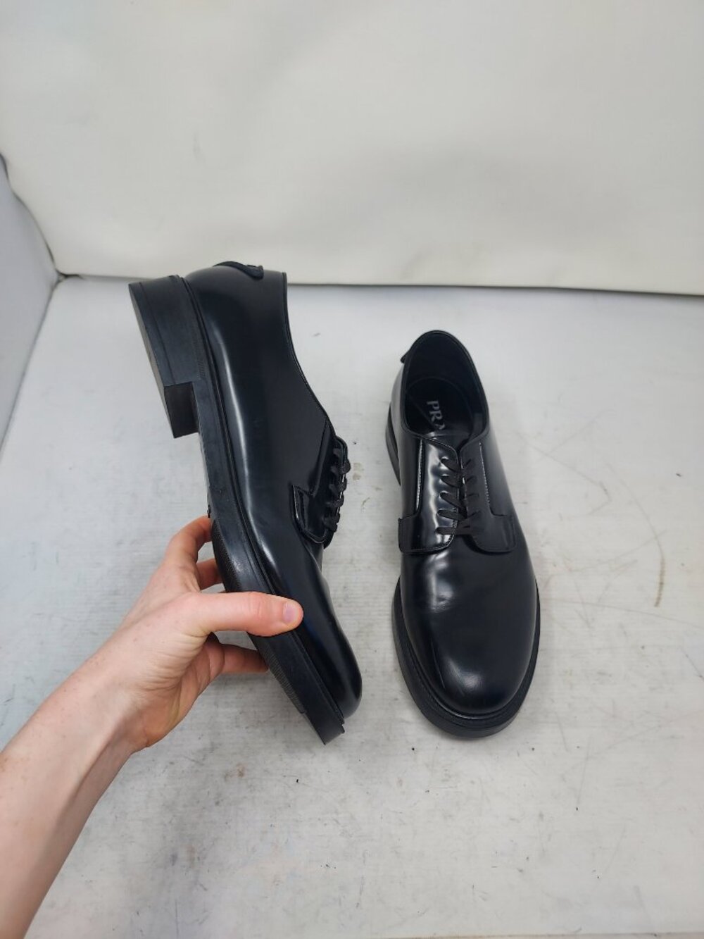Prada MENS Black Lace Up Heel Triangle Logo Derby Shoe - Picture 4 of 10